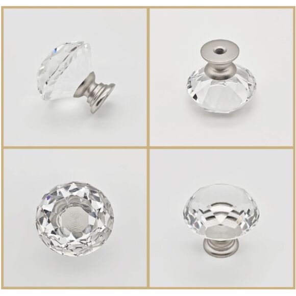 24Pcs 1.2" Small Diamond Glass Cabinet Knobs Brushed Nickel Kitchen Drawer Pulls - Picture 3 of 8